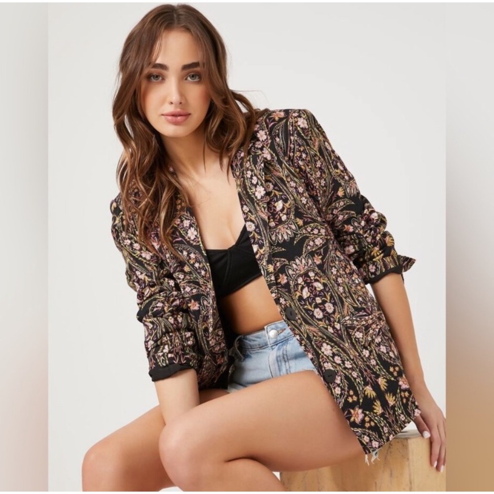 Forever 21 Womens S Chic Floral Paisley Blazer Black Pink Bloomcore Office Siren